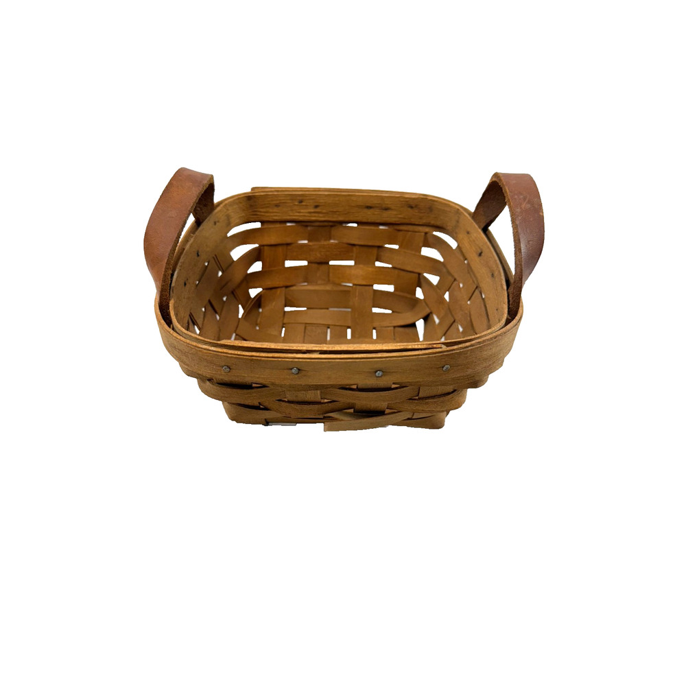 19th Century Wood Basket w/2 Leather Handles 7.25"L x 7.25"W x 3.25"H
